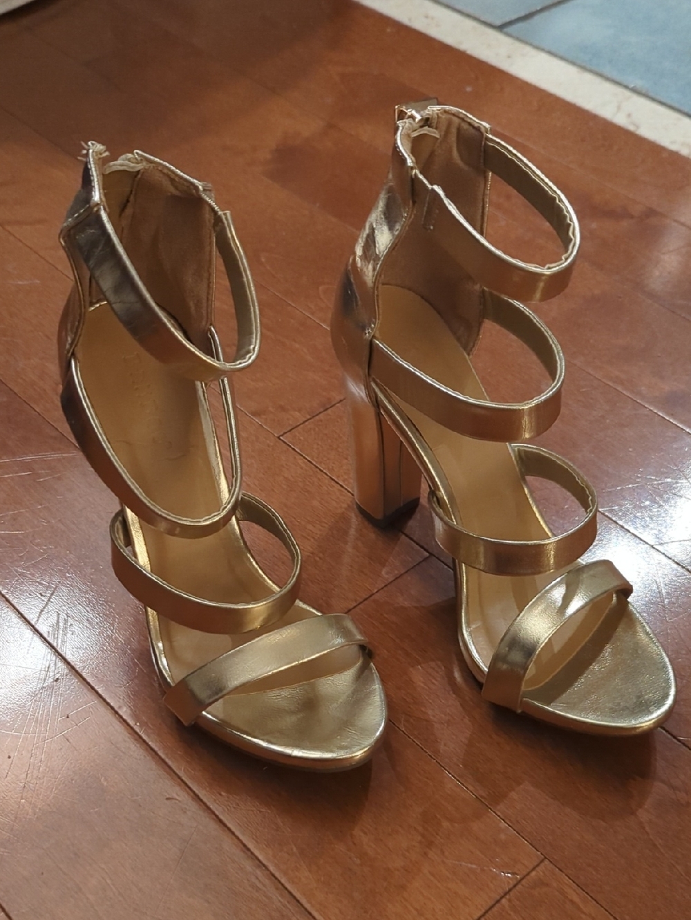 Gold Strappy Block Heel Sandals - Women's